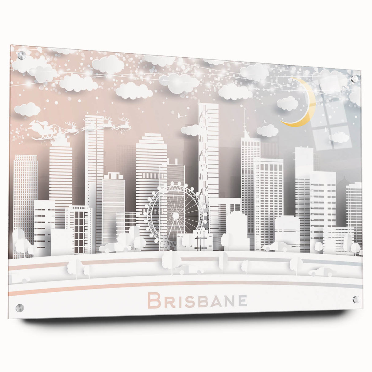 Acrylic print of Brisbane skyline in muted blue tones, ideal for dining room or bedroom decor.