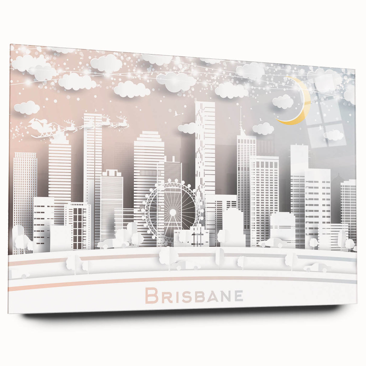 Large abstract wall art of Brisbane skyline in muted blue tones on acrylic glass, ideal for bedroom or dining room decor.