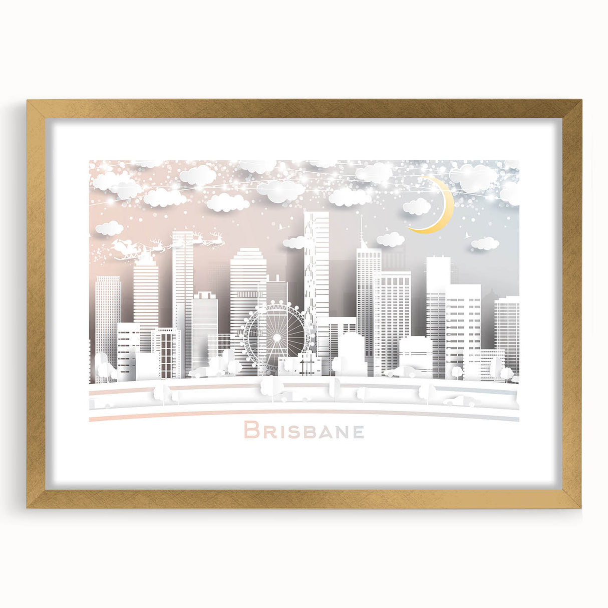 Textured abstract art print depicting the Brisbane skyline in muted gray and gold tones, framed in gold.