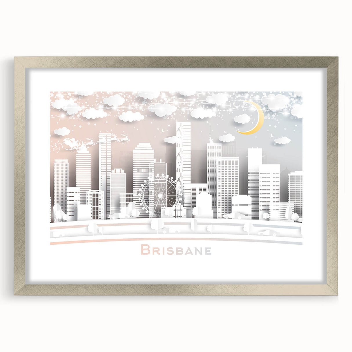 Abstract art print of Brisbane skyline in muted gray and silver, framed with a mat, ideal for dining room decor.