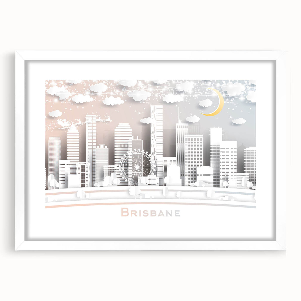 Extra large abstract art print of Brisbane scenery in muted earth tones, framed with a white mat.