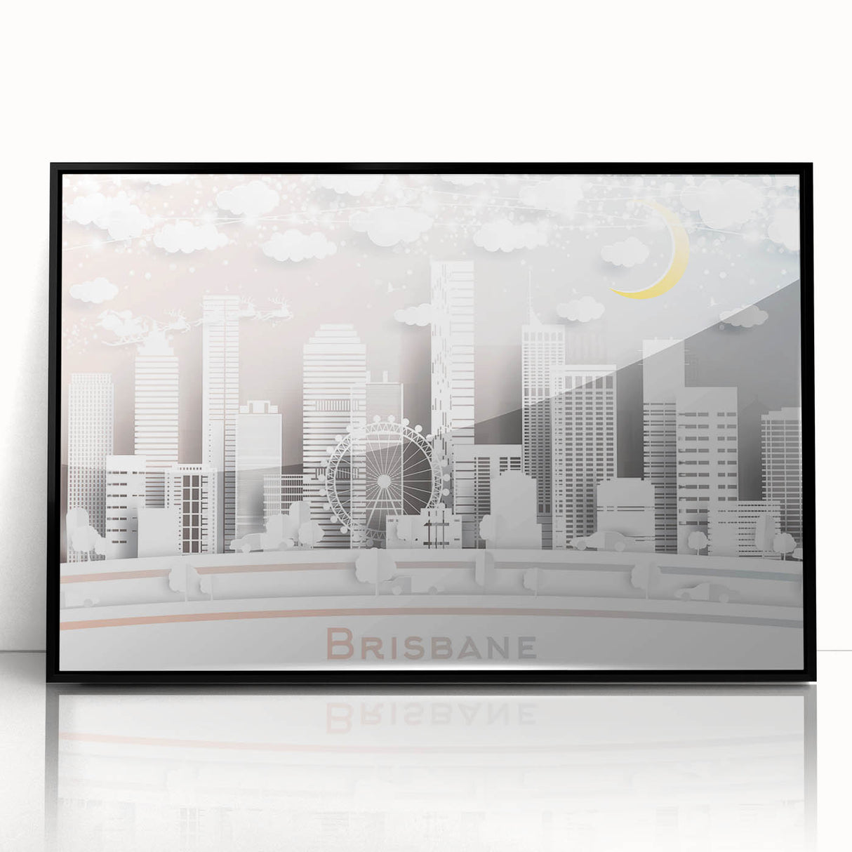 Large abstract wall art depicting the Brisbane skyline in muted gray and blue tones on a framed acrylic.