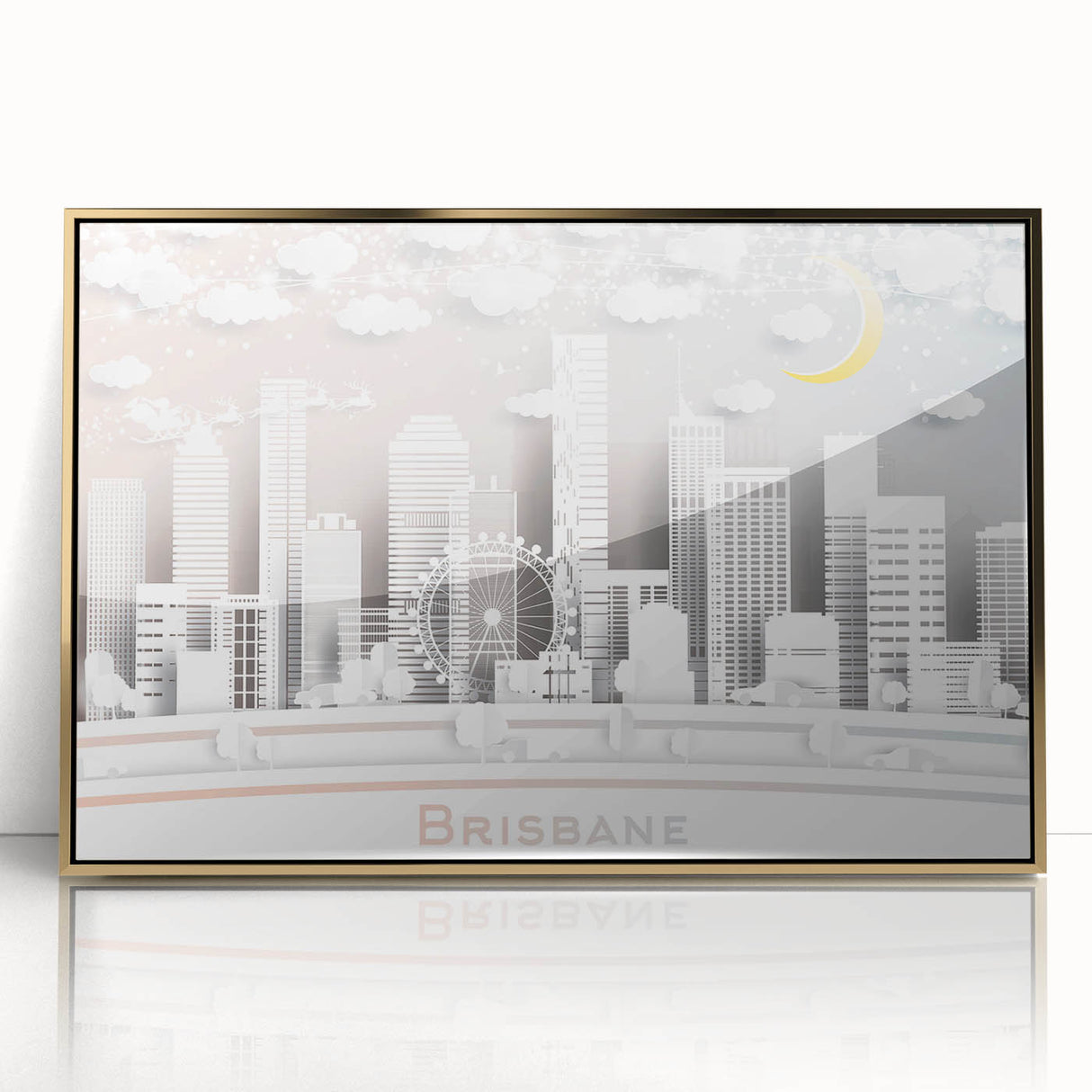 Mid-century modernist art of Brisbane skyline in gold and navy tones on a framed acrylic, suitable for modern art wall decor.