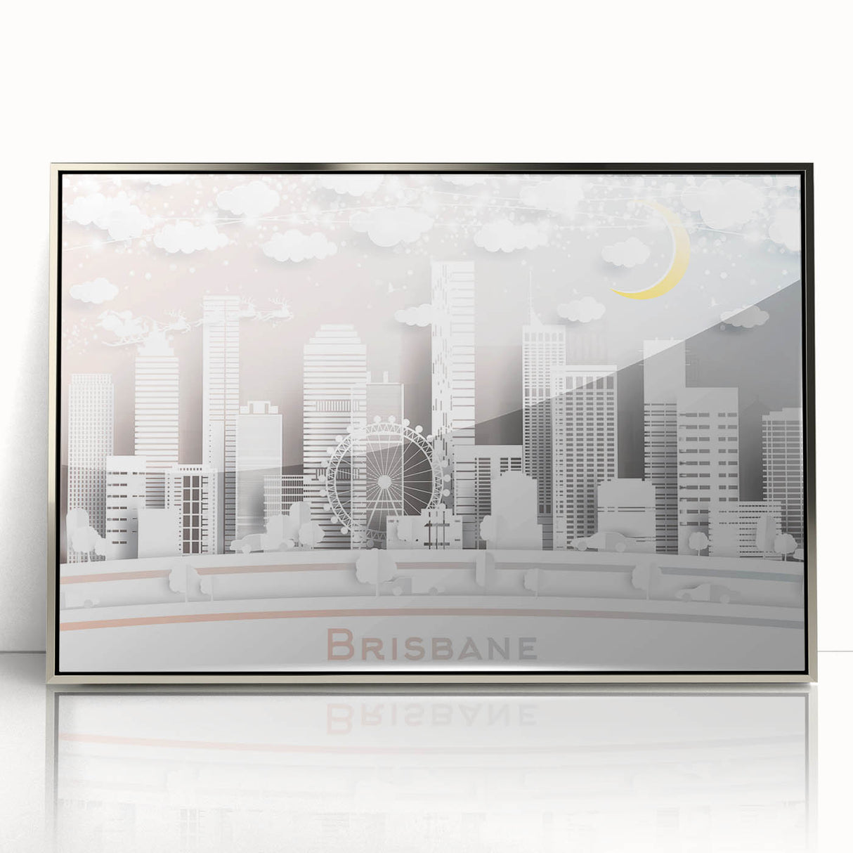 Framed acrylic print of Brisbane skyline in art deco style with silver tones, suitable for modern art wall decor.