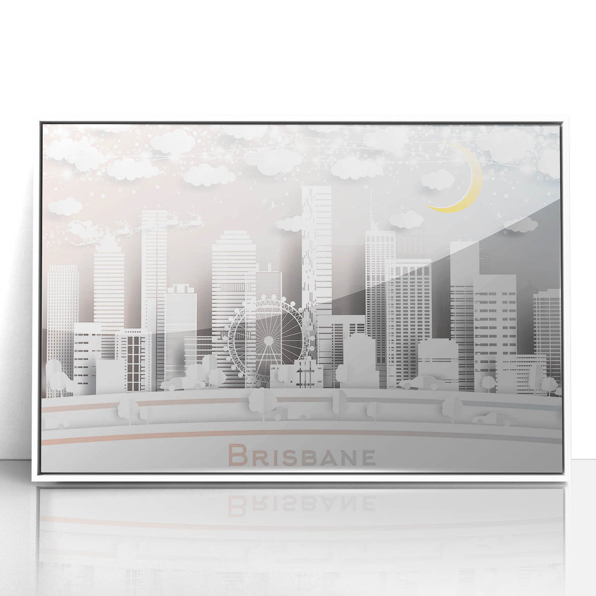 Large art print of Brisbane skyline in muted gray and blue tones on framed acrylic, ideal for modern art wall decor.