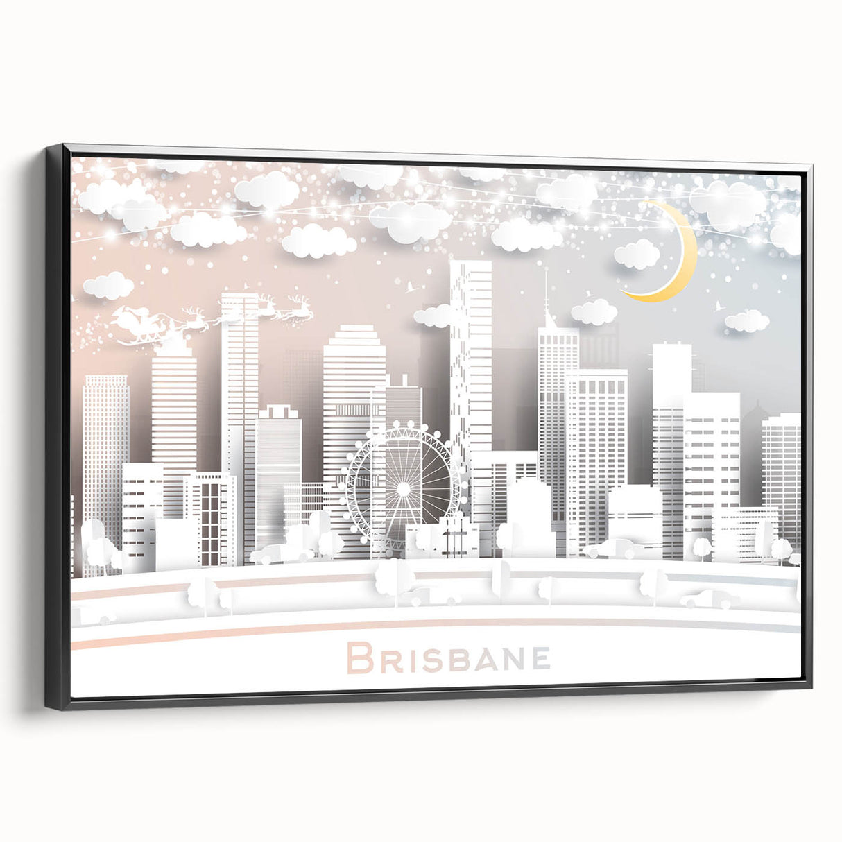 Framed canvas featuring a black and white vintage poster art of Brisbane landscape, ideal for bedroom wall decor.