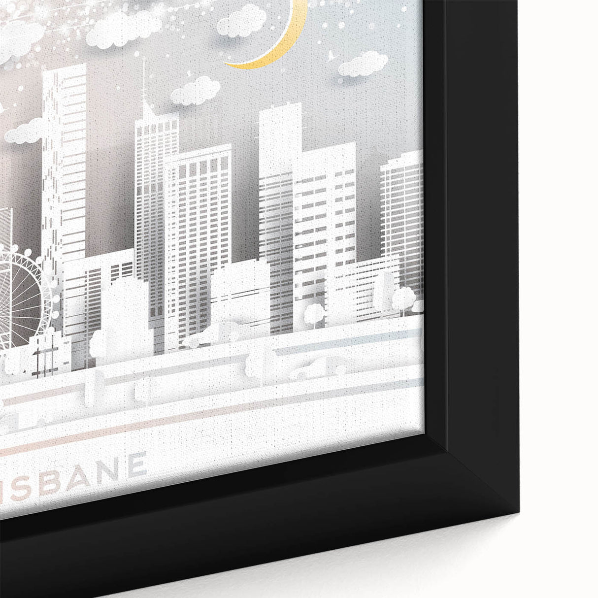 Framed canvas featuring a textured depiction of the Brisbane skyline in black with colorful art accents.