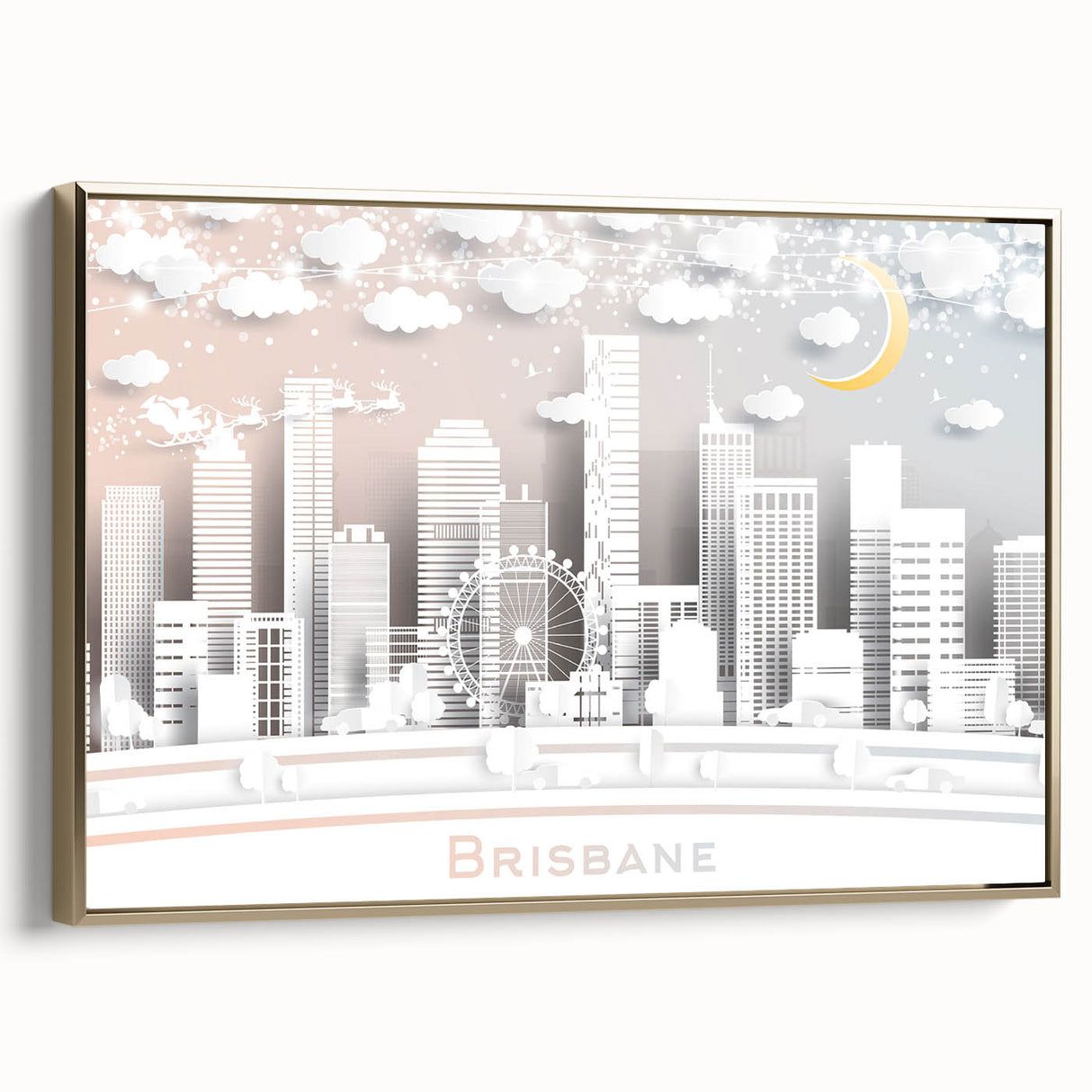 Framed canvas landscape art painting of Brisbane with a vintage poster style, featuring a colorful palette.
