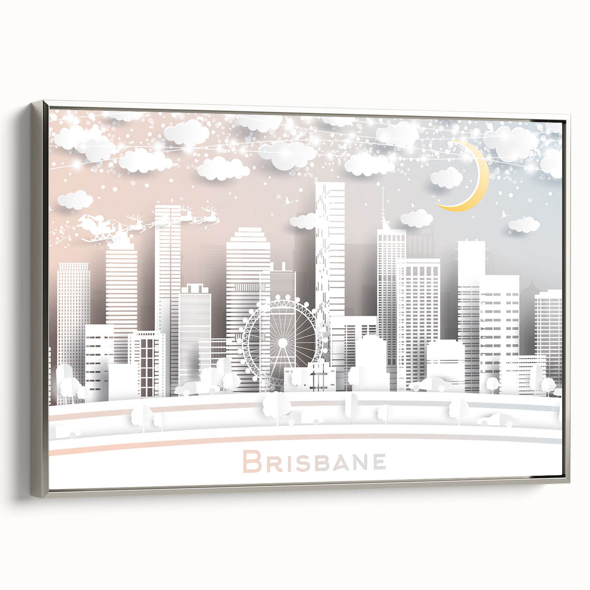 Vintage poster art of Brisbane scenery on framed canvas, featuring a colorful palette, ideal for living room decor.
