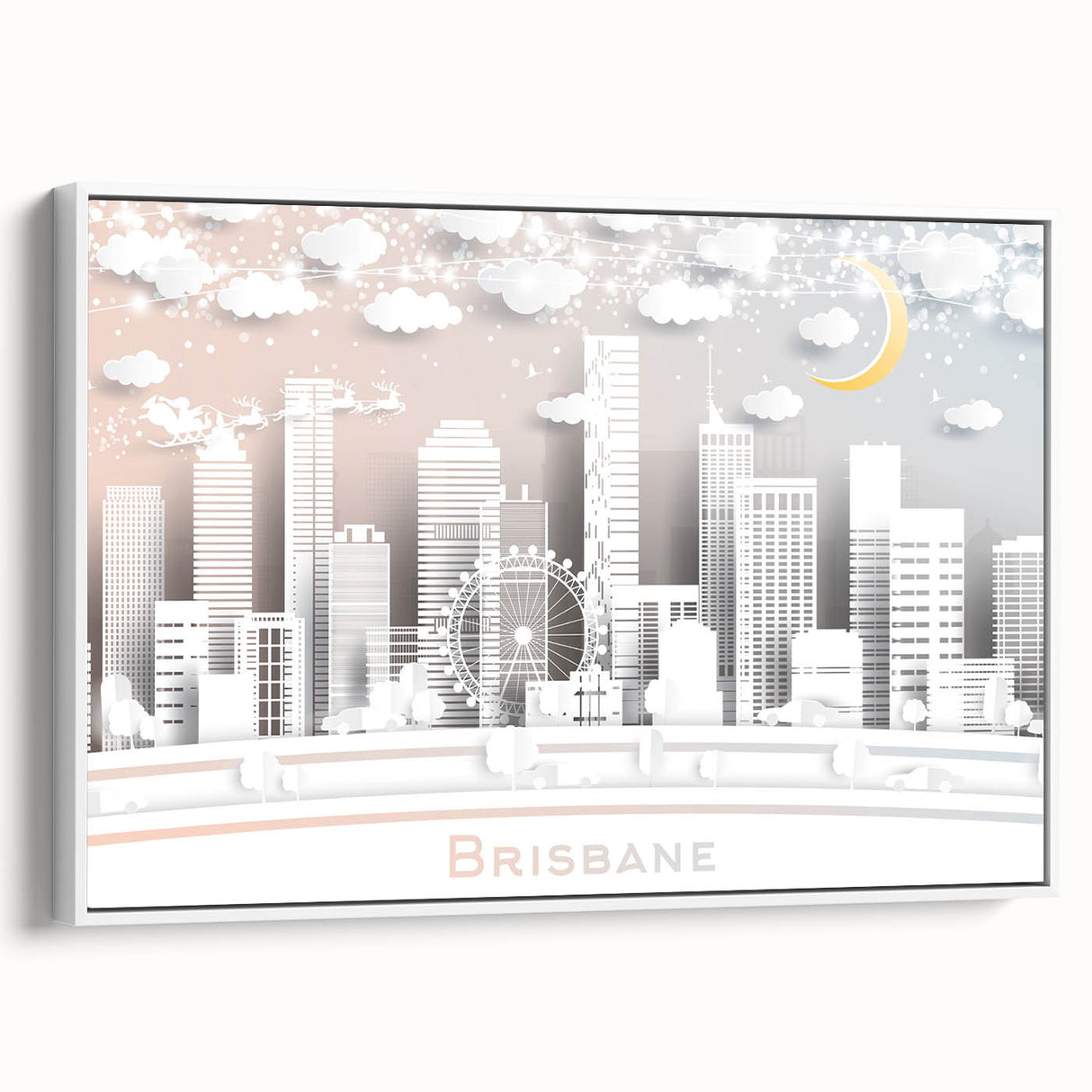 Framed canvas of Brisbane landscape in muted colors, ideal for bedroom wall art.