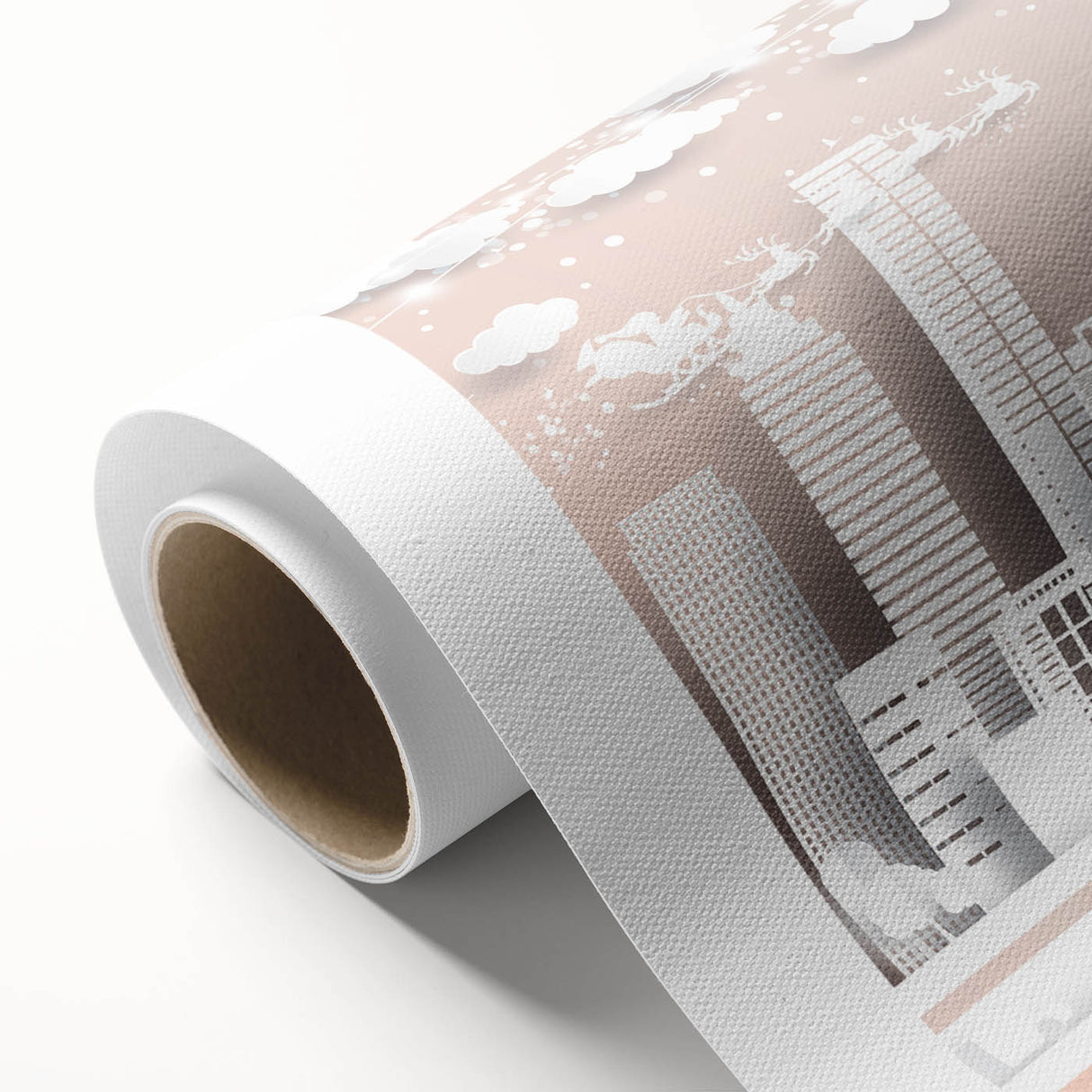 Art Deco style poster of Brisbane skyline in muted gold and blue tones, on rolled canvas, ideal for nursery wall art.