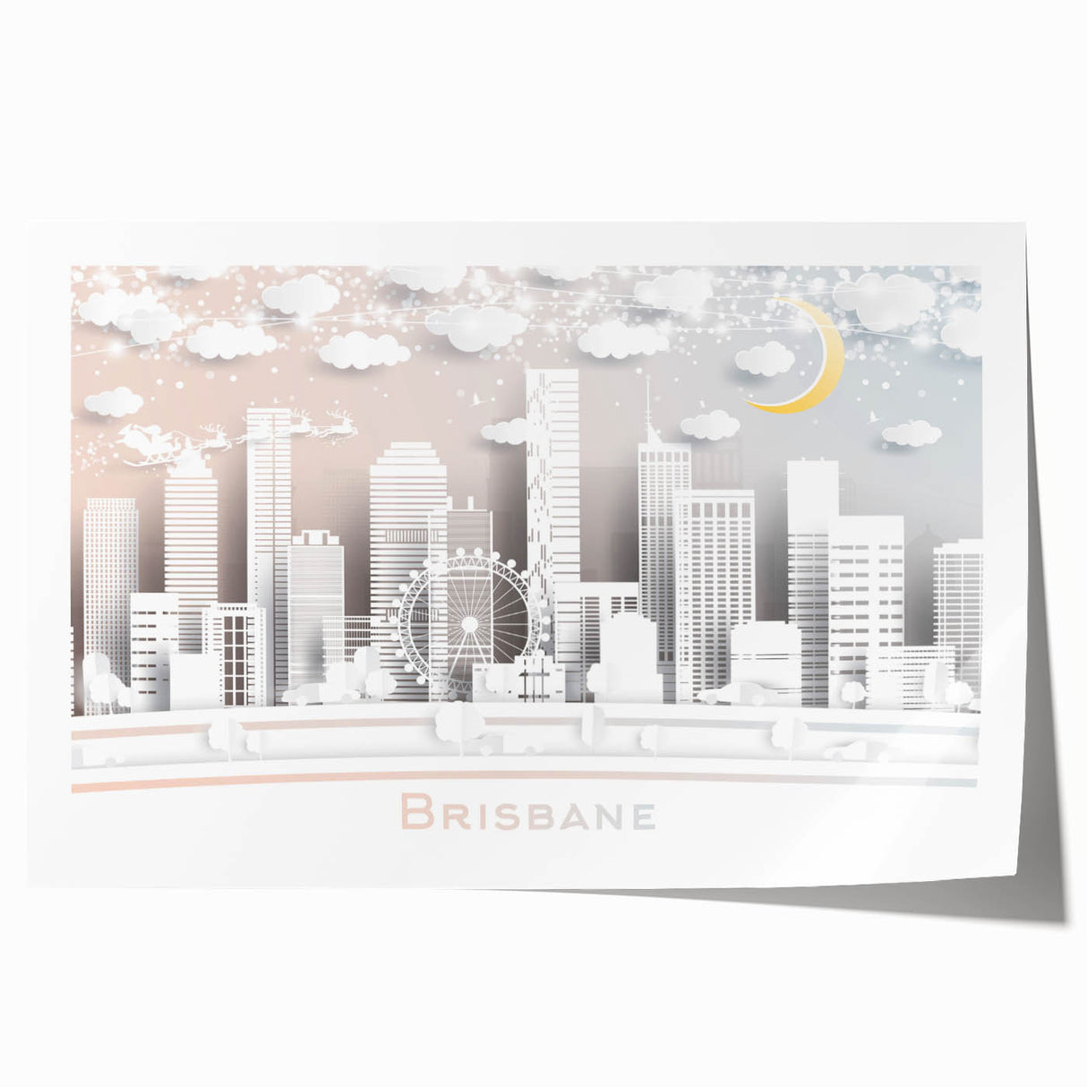 Extra large rolled canvas print depicting a vibrant Brisbane cityscape with floral elements, ideal for art wall dining room.