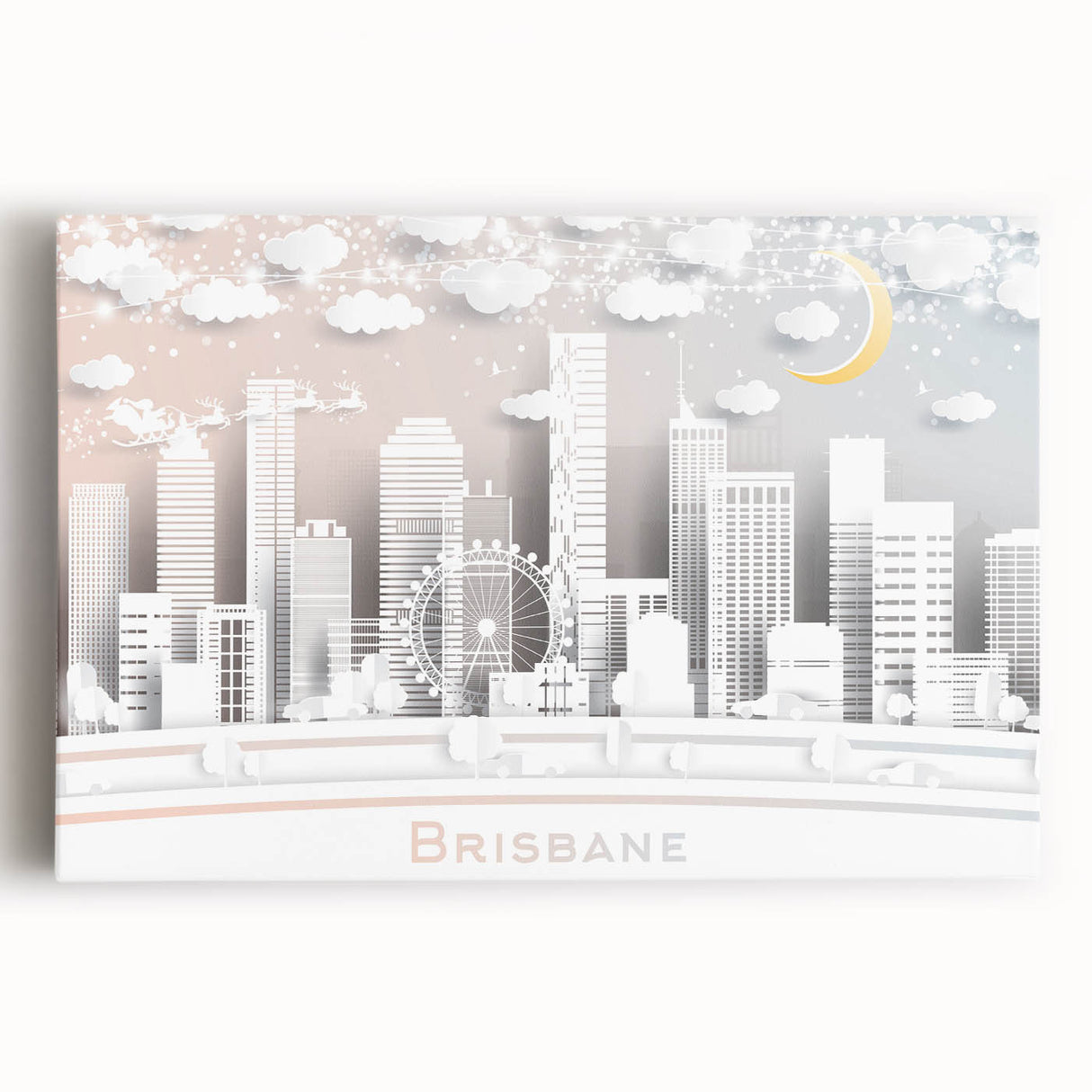 Black and white photograph of the Brisbane skyline on stretched canvas, suitable as large kitchen wall art.