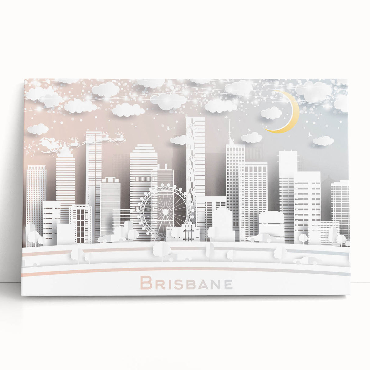 Black and white stretched canvas of Brisbane skyline, ideal for kitchen wall art or bedroom ambiance.