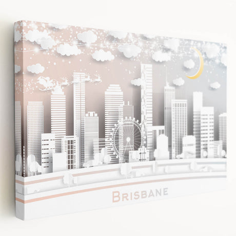 Panoramic view of Brisbane cityscape in muted earth tones on stretched canvas, suitable for kitchen wall art.