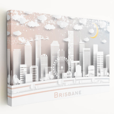 Panoramic view of Brisbane cityscape in muted earth tones on stretched canvas, suitable for kitchen wall art.