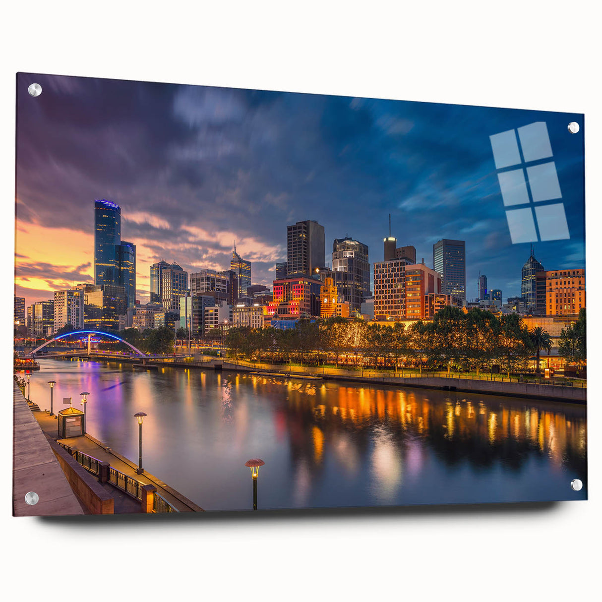 Acrylic print of a large abstract Melbourne scenery in muted blue and green tones, suitable for bedroom or dining room decor.