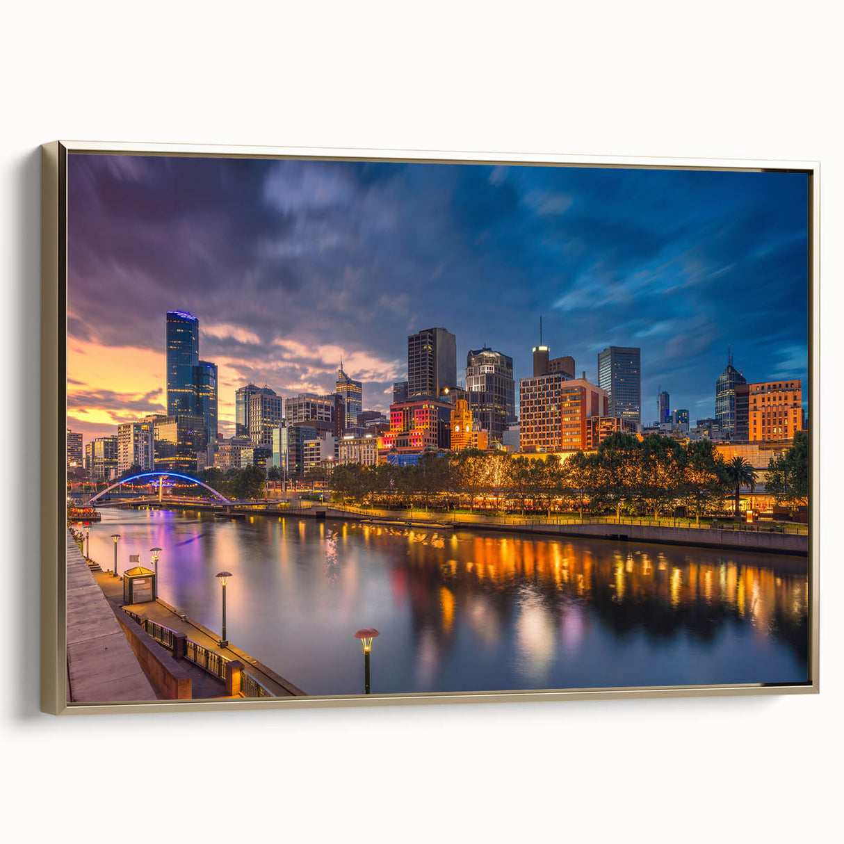 Framed canvas depicting a vintage-style Melbourne landscape in colorful art tones, ideal for living room decor.