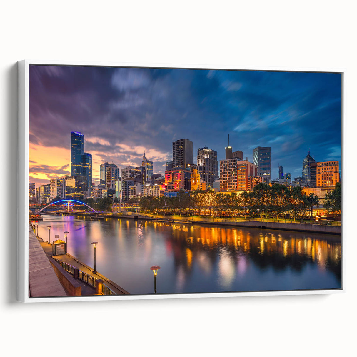 Framed canvas of Melbourne landscape in black and white, ideal for bedroom wall art.