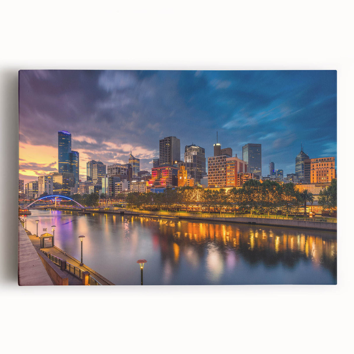 Black and white stretched canvas of Melbourne skyline, ideal for kitchen wall art.