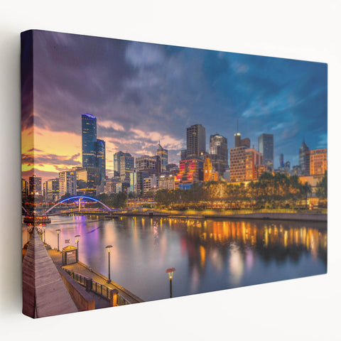 Melbourne skyline depicted in muted earth tones on a large stretched canvas, suitable for kitchen wall art.