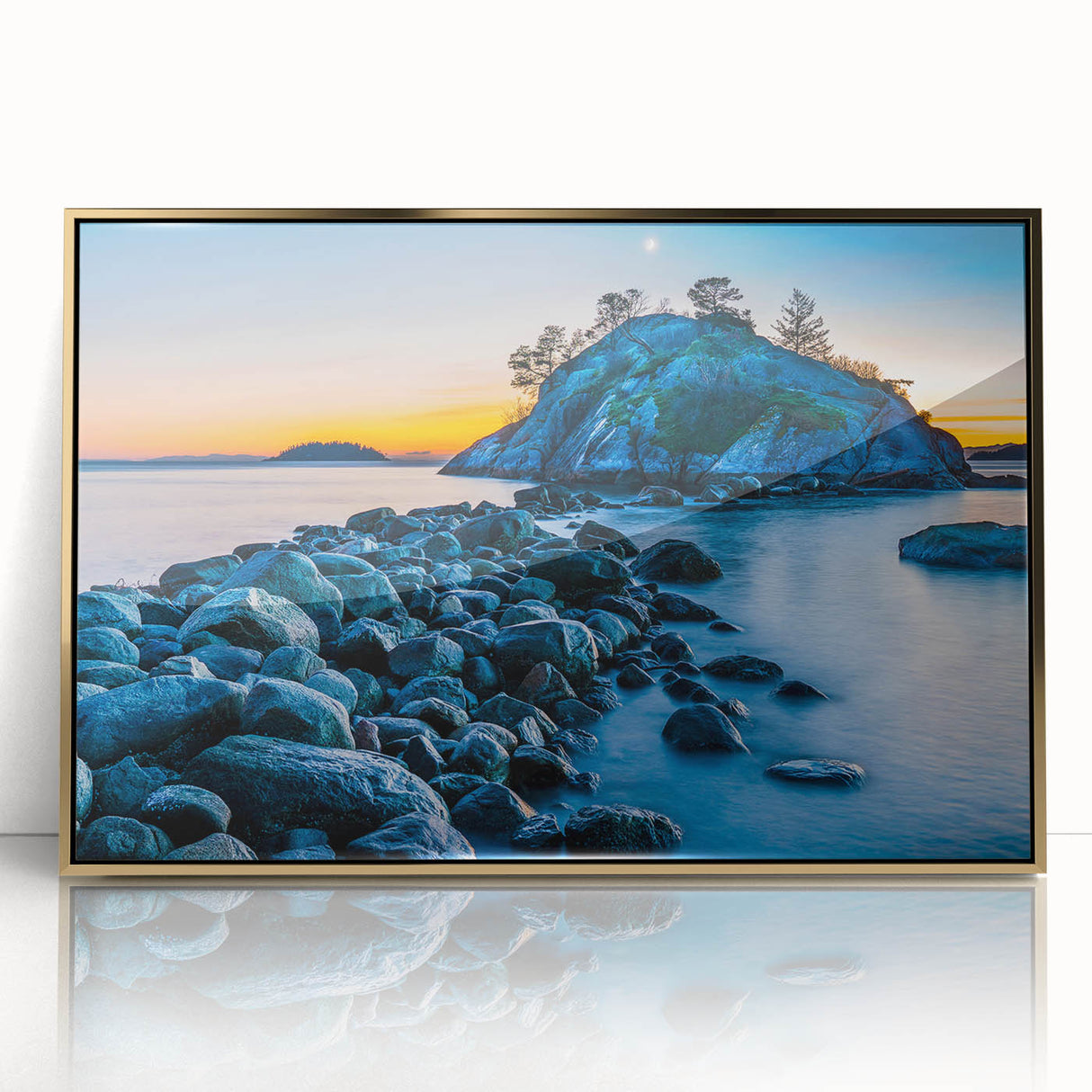 Framed acrylic print of British Columbia scenery in muted earth tones, ideal for mid-century modernist decor.