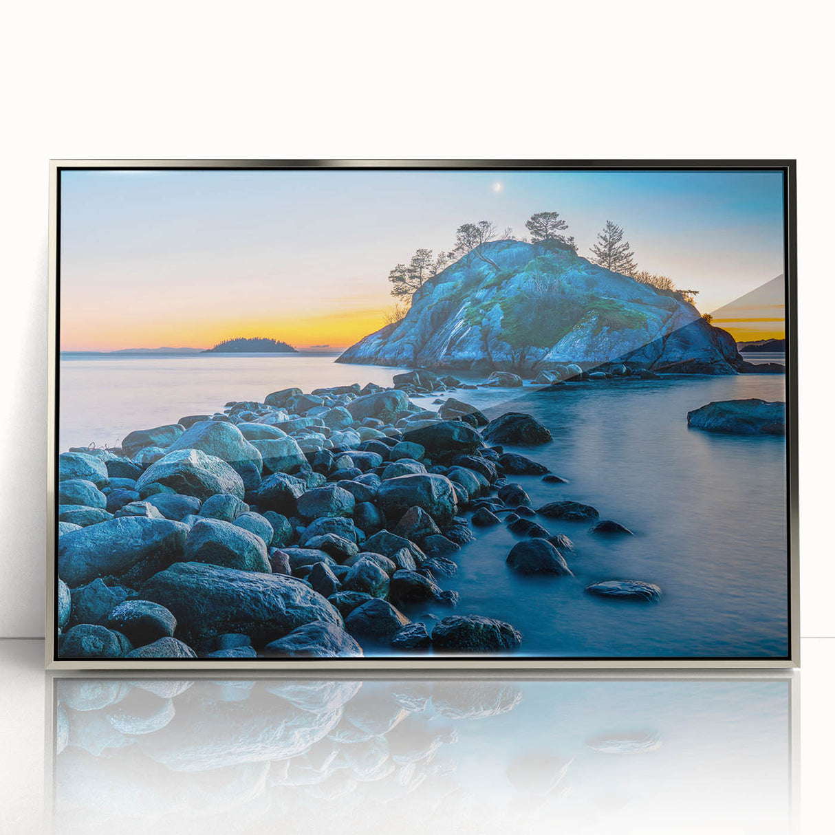 Mid-century modernist art depicting British Columbia scenery in muted earth tones on a framed acrylic print.