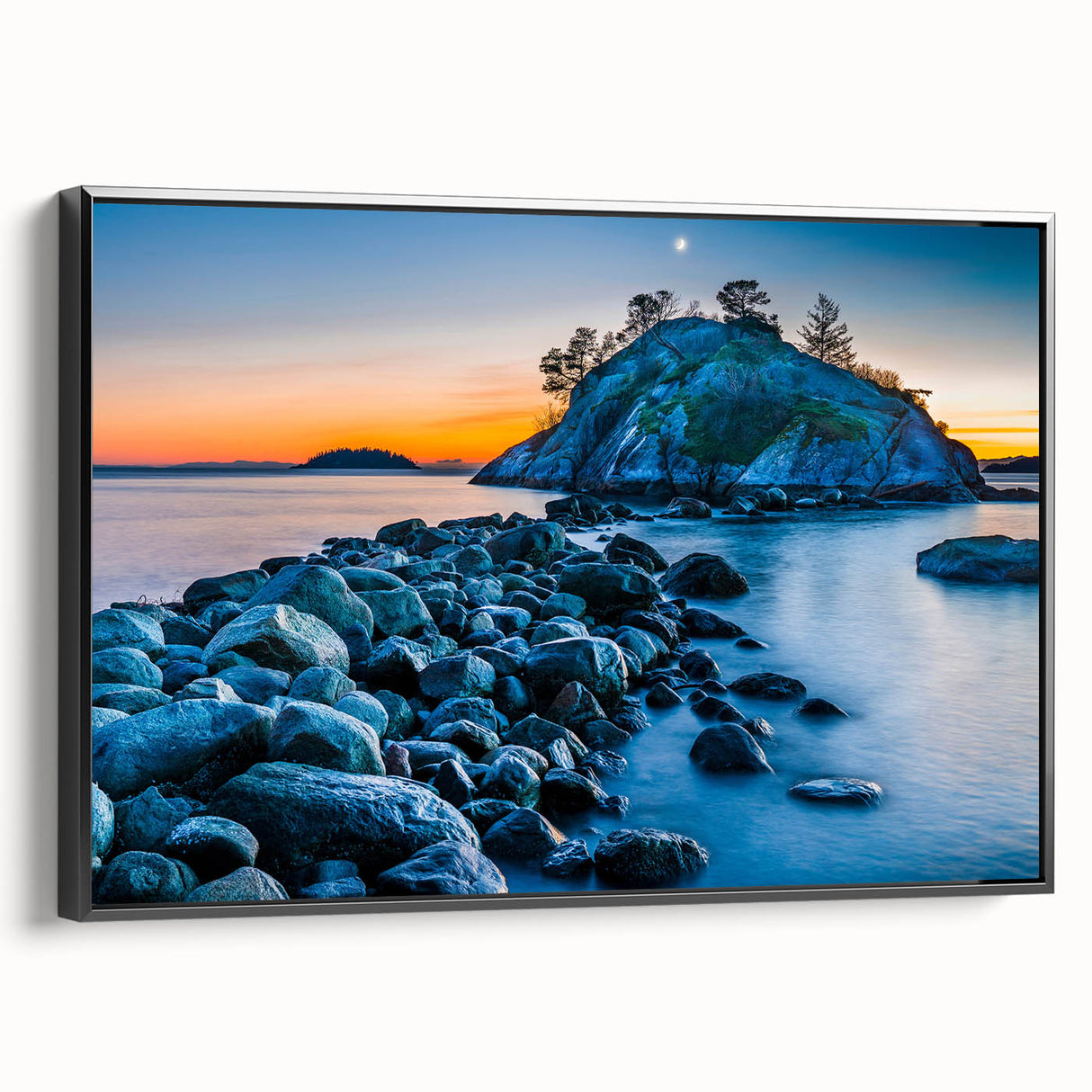 Black and white framed canvas of a British Columbia landscape, ideal for bedroom wall art.