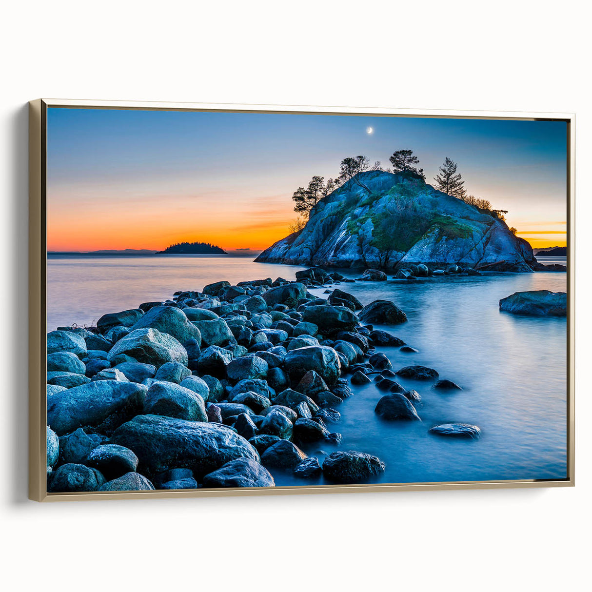 Framed canvas wall art featuring a landscape painting of British Columbia with muted earth tones, ideal for bedroom decor.