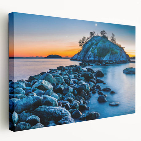 Large wall art of British Columbia scenery on stretched canvas, featuring forest and mountain in muted green and blue tones.