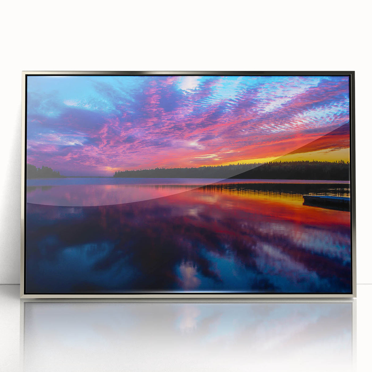 Mid-century modernist art of Manitoba scenery in muted earth tones on a silver-framed acrylic print.