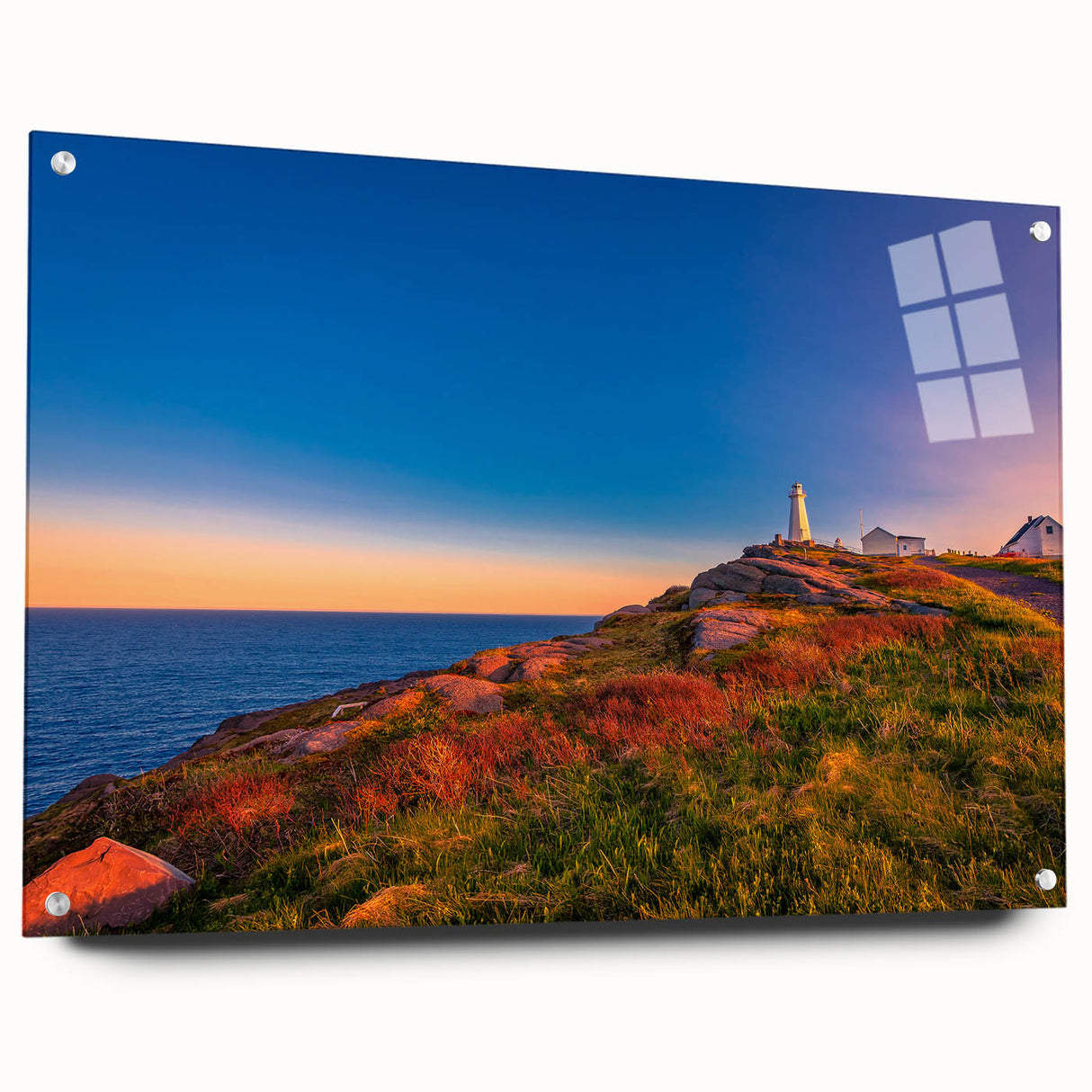 Acrylic print of a Newfoundland landscape in muted earth tones, ideal for dining room or bedroom decor.