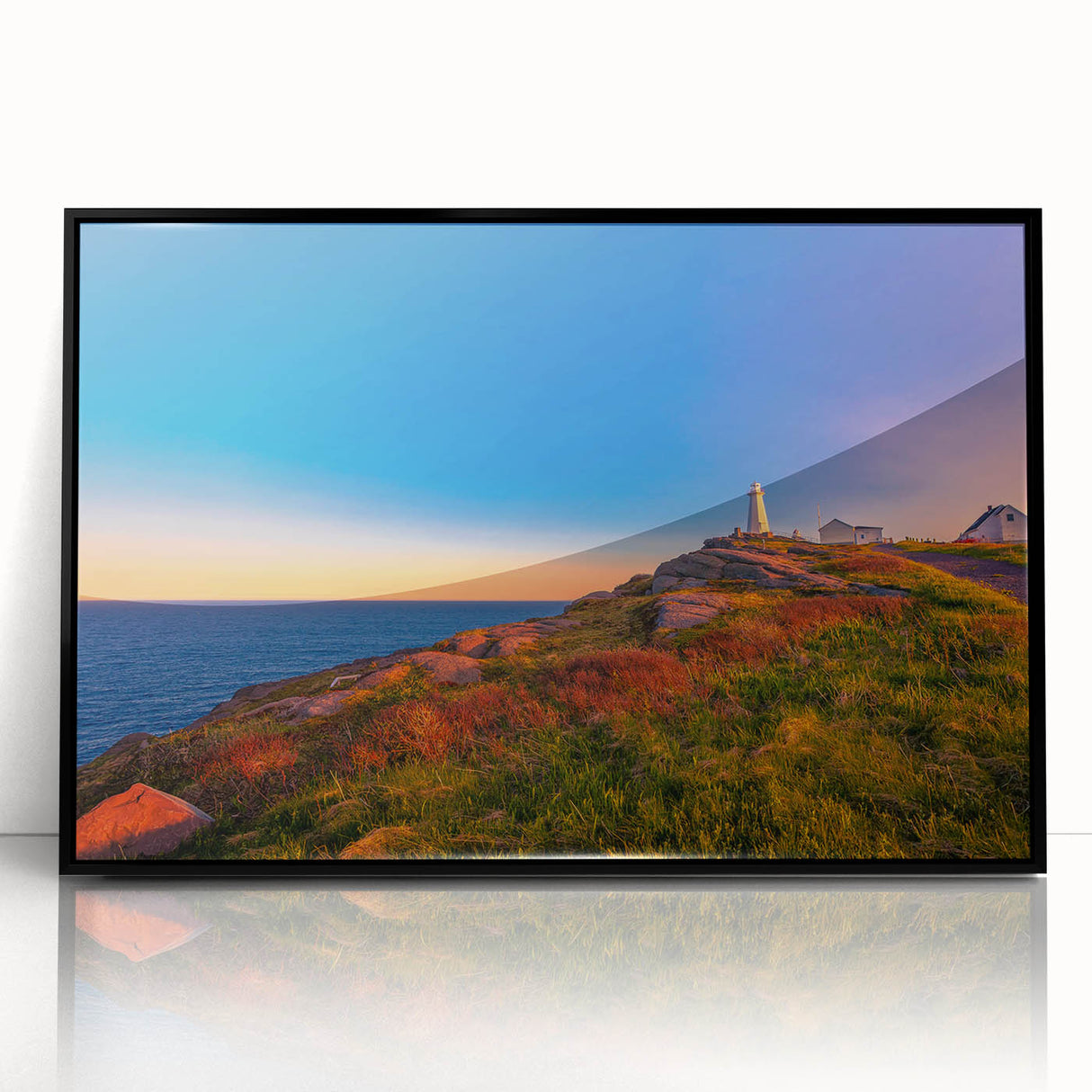 Large abstract wall art depicting a serene Newfoundland scenery in muted earth tones on a framed acrylic.