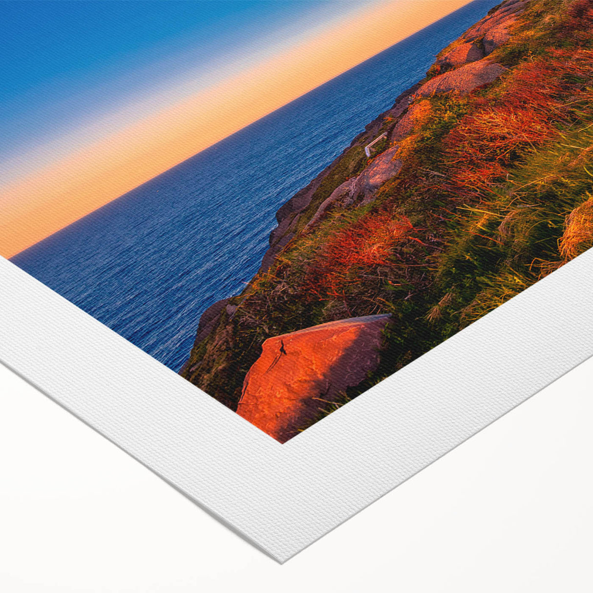 Art deco poster of Newfoundland scenery in muted blue and green tones on rolled canvas, suitable for dining room decor.