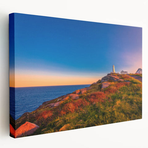 Vibrant landscape of Newfoundland with lush greens and blues on stretched canvas, ideal for kitchen wall art.