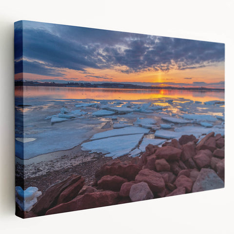 Scenic Prince Edward Island landscape on stretched canvas, featuring muted green and blue tones, ideal for kitchen wall art.