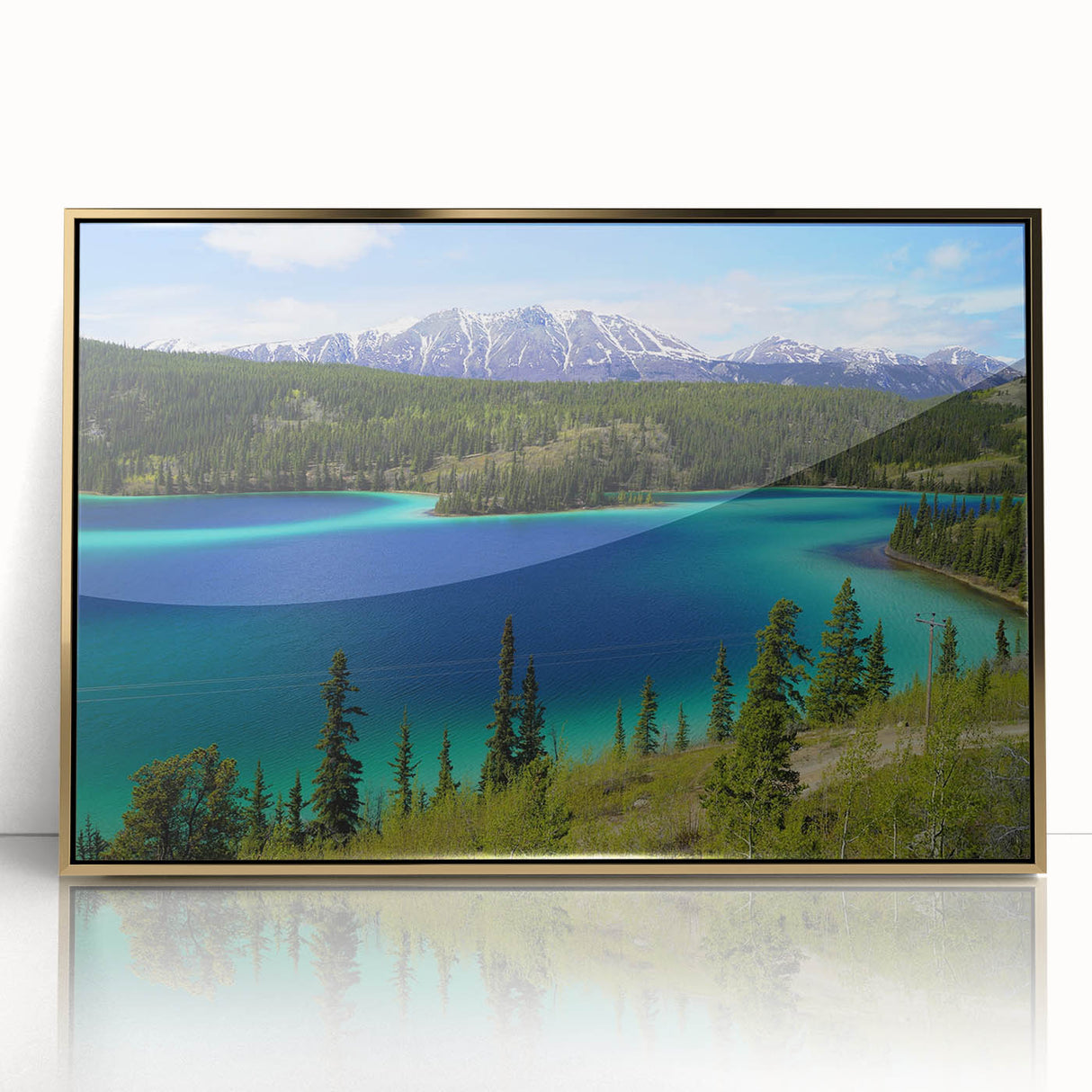 Mid-century modernist style large art print of Yukon landscape in gold frame, featuring muted earth tones.