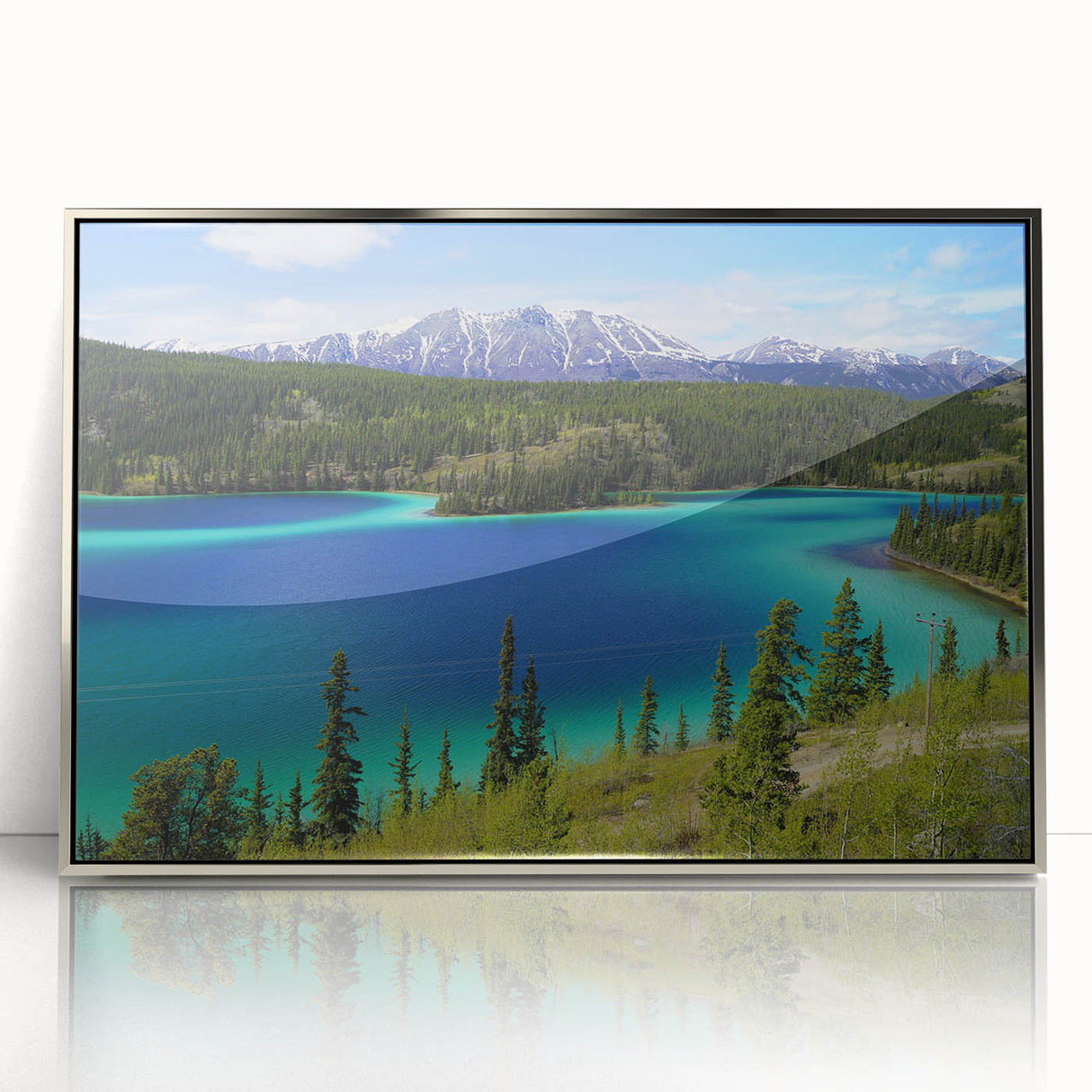 Mid-century modernist art depicting Yukon scenery in muted earth tones on a framed acrylic print.