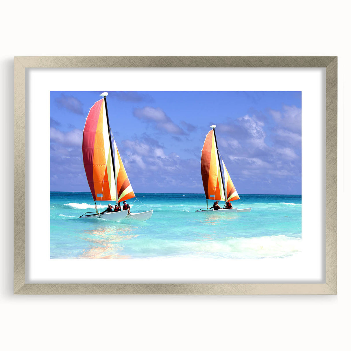 Extra large abstract art print depicting a textured Caribbean seascape in vibrant blue tones, framed in silver.