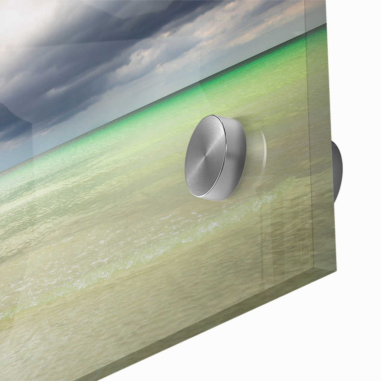 Large abstract wall art depicting a Caribbean scenery in vibrant blue and green tones on acrylic glass.