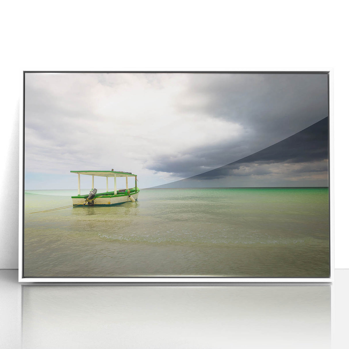 Mid-century modernist art of a Caribbean scenery on white framed acrylic, featuring soft pastel colors.