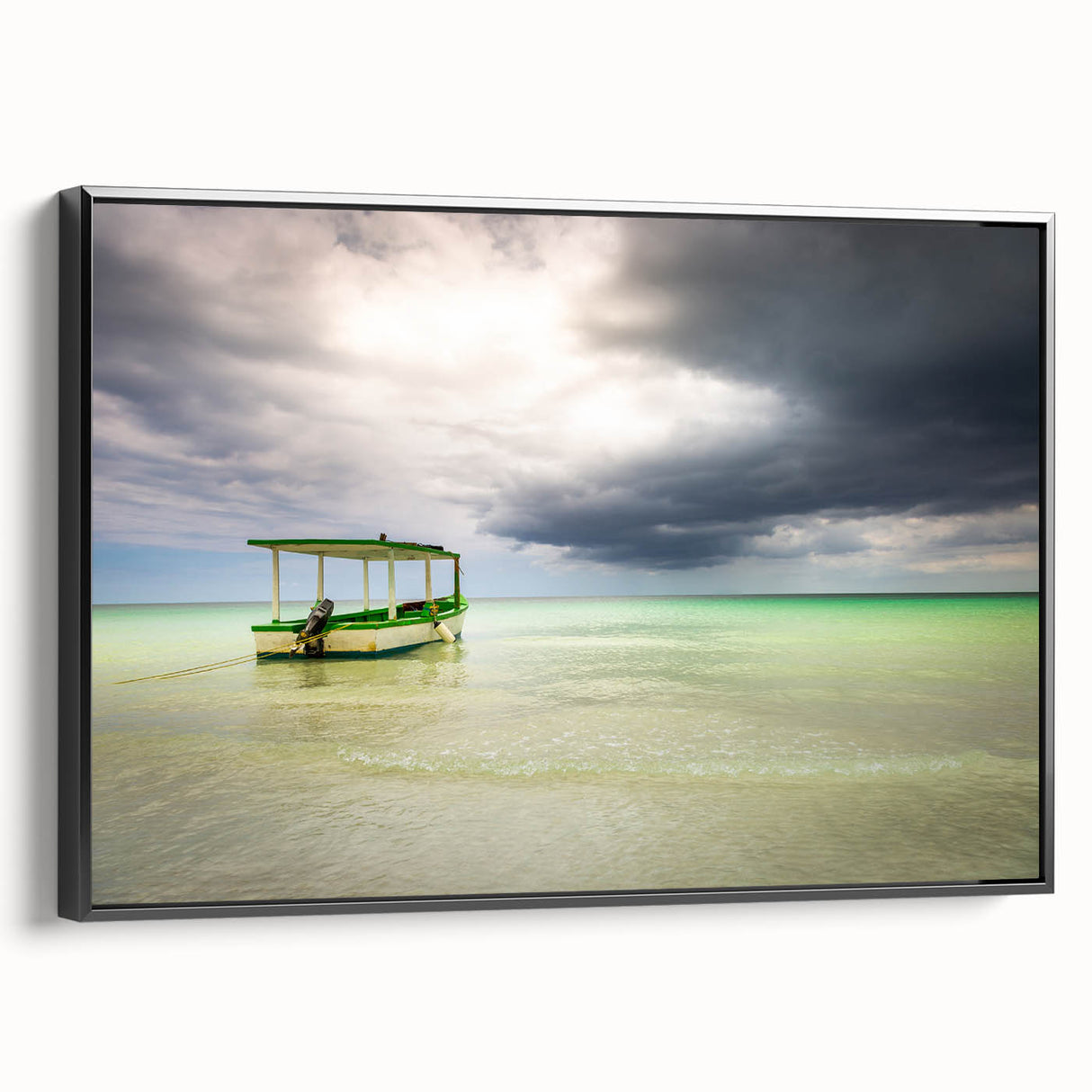 Black and white framed canvas featuring a vintage Jamaican landscape, ideal for bedroom wall decor.