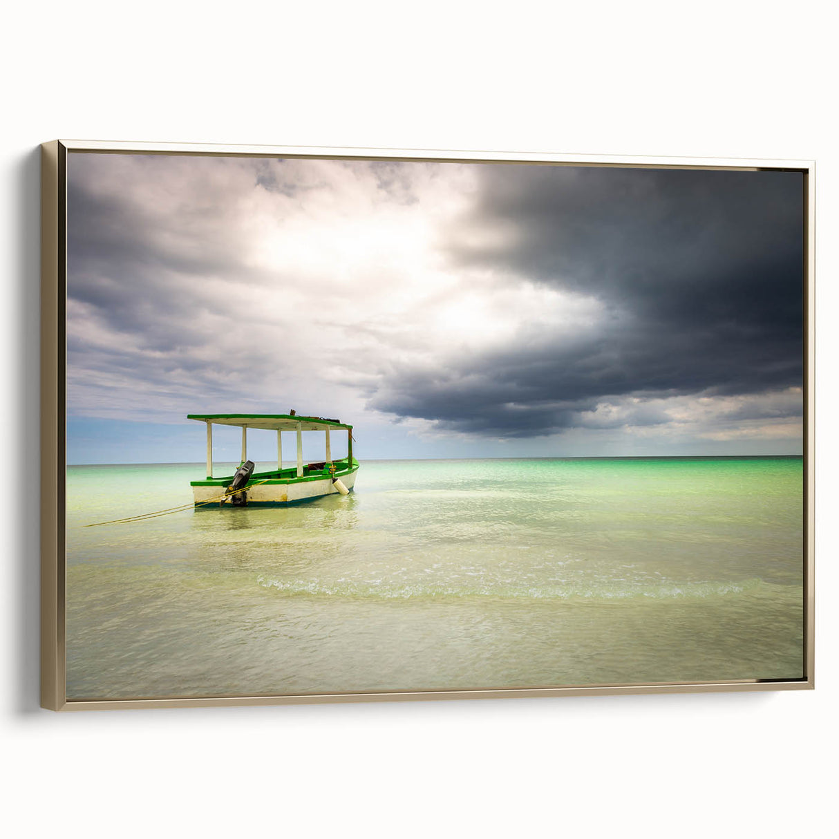 Vintage poster art of a Caribbean scene on framed canvas, featuring vibrant colors, ideal for living room decor.