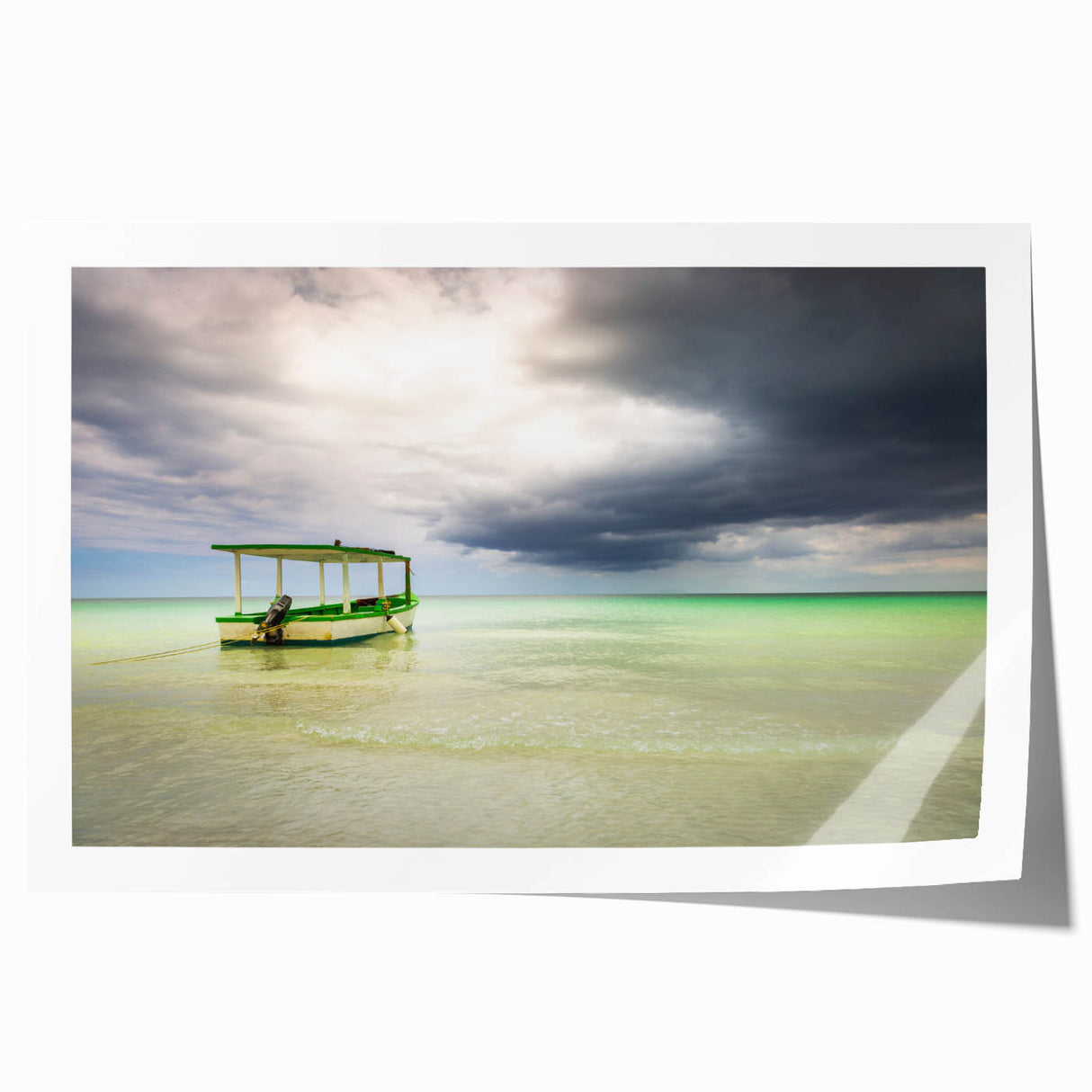 Extra large rolled print of a Caribbean beach scene with vibrant blue hues, ideal for dining room wall art.