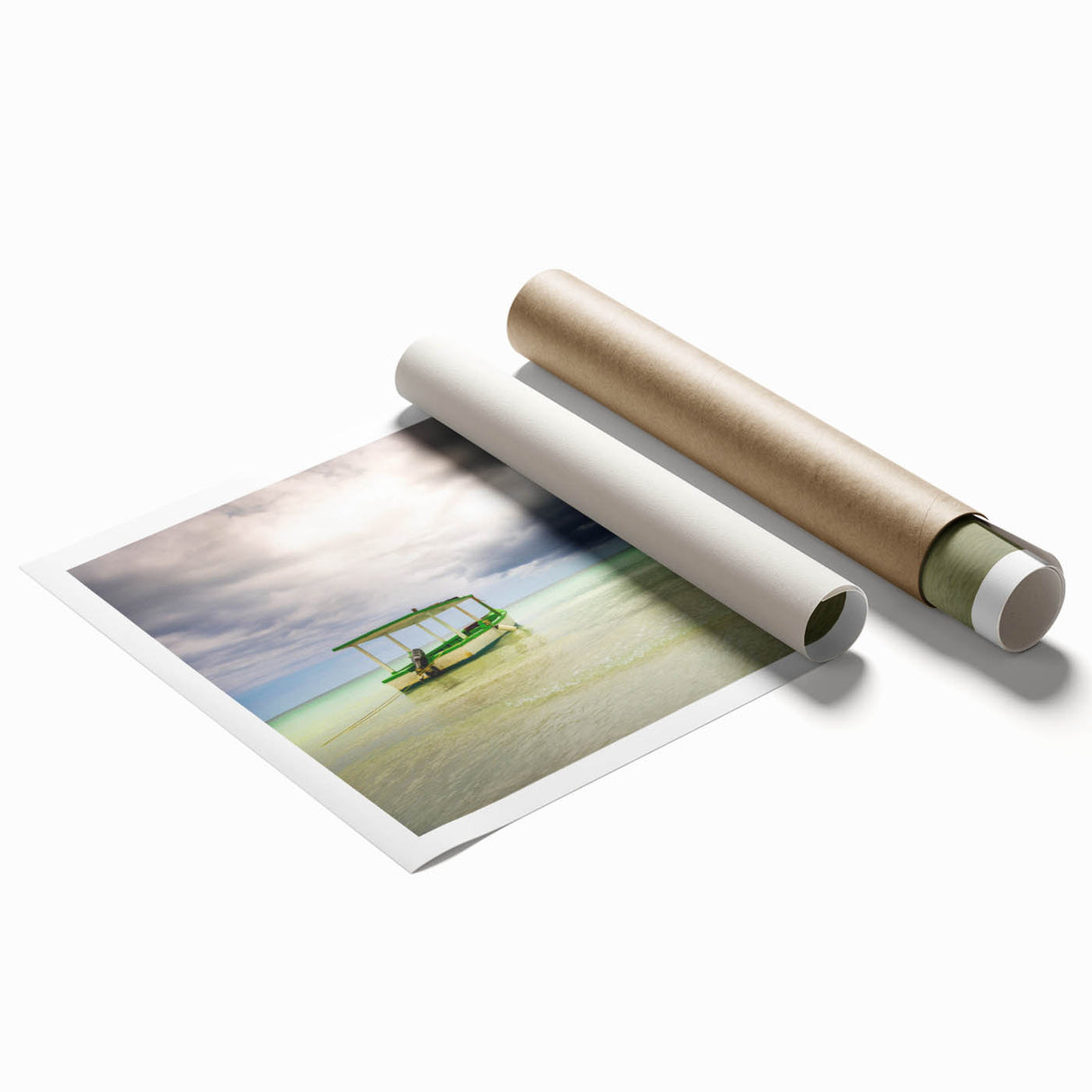 Extra large rolled print of a Caribbean scenery with vibrant floral elements, ideal for classy bathroom wall art.