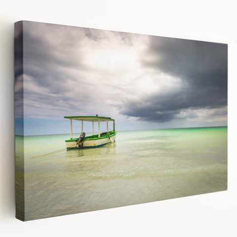 Large art print of a Caribbean scenery on stretched canvas, featuring vivid ocean and sky blues, ideal for kitchen wall art.