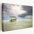 Large art print of a Caribbean scenery on stretched canvas, featuring vivid ocean and sky blues, ideal for kitchen wall art.