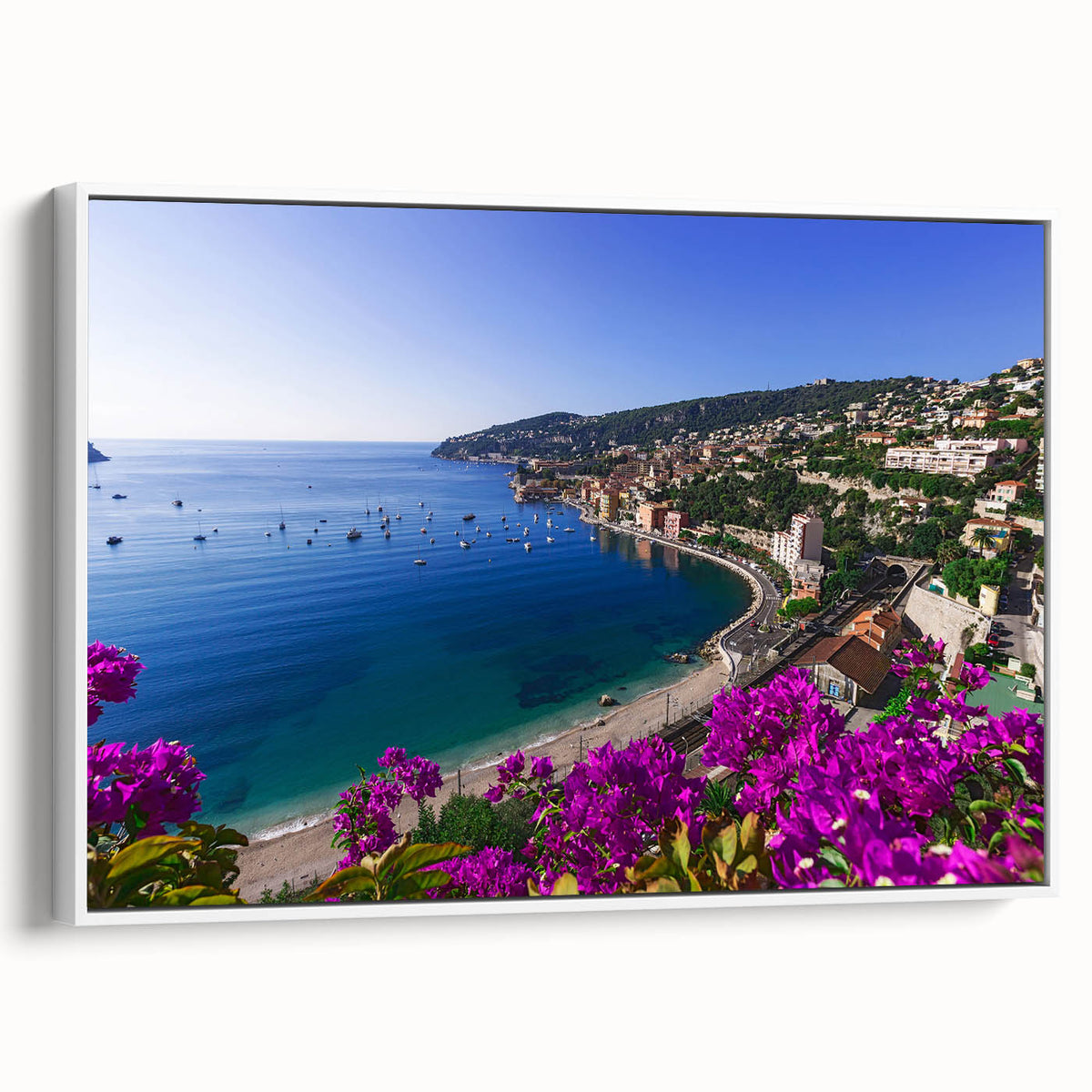 Vintage poster art of a scenic South France landscape on a framed canvas, in vibrant colors, ideal for living room decor.