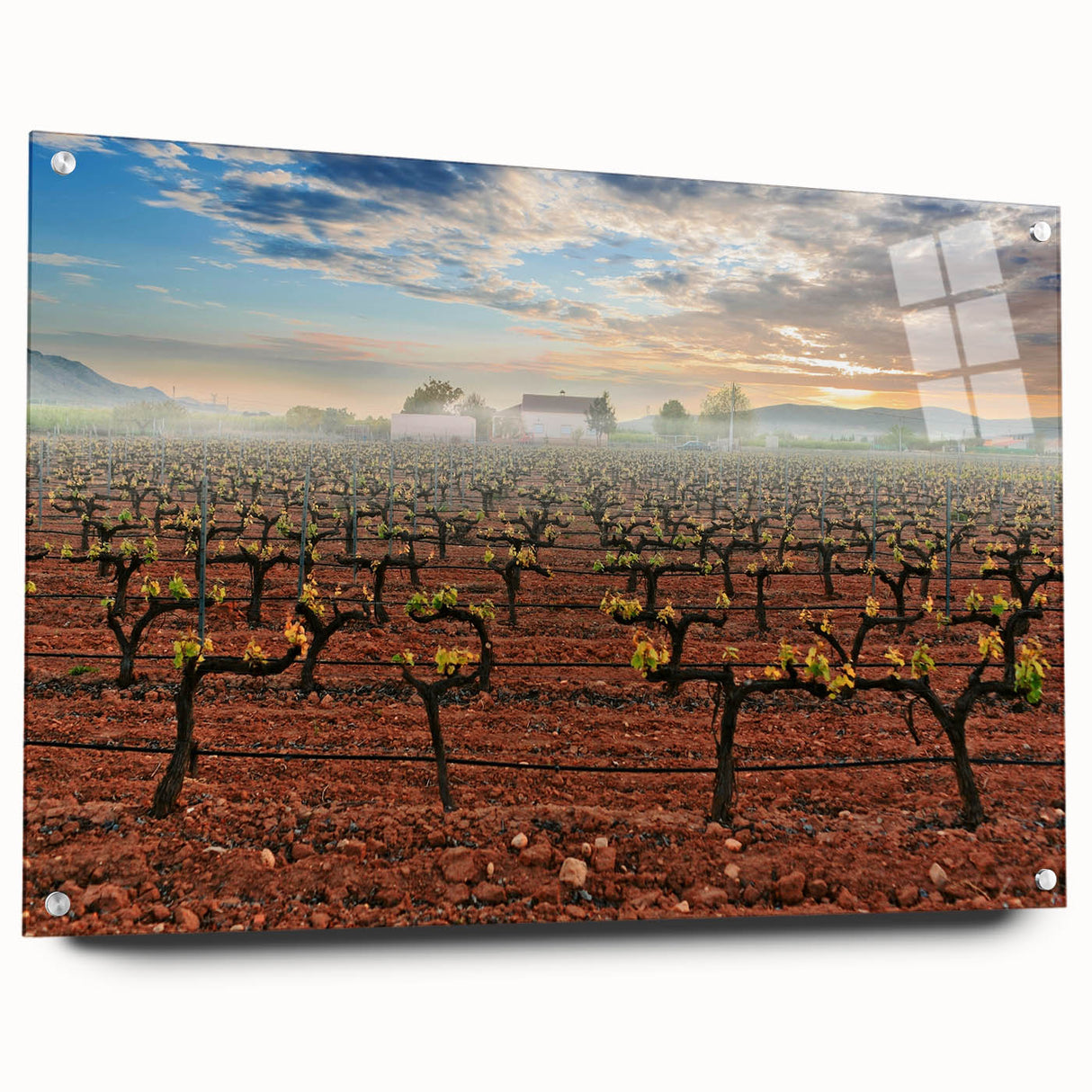 Large abstract wall art of Valencia scenery in muted earth tones on acrylic glass, suitable for bedroom or dining room decor.