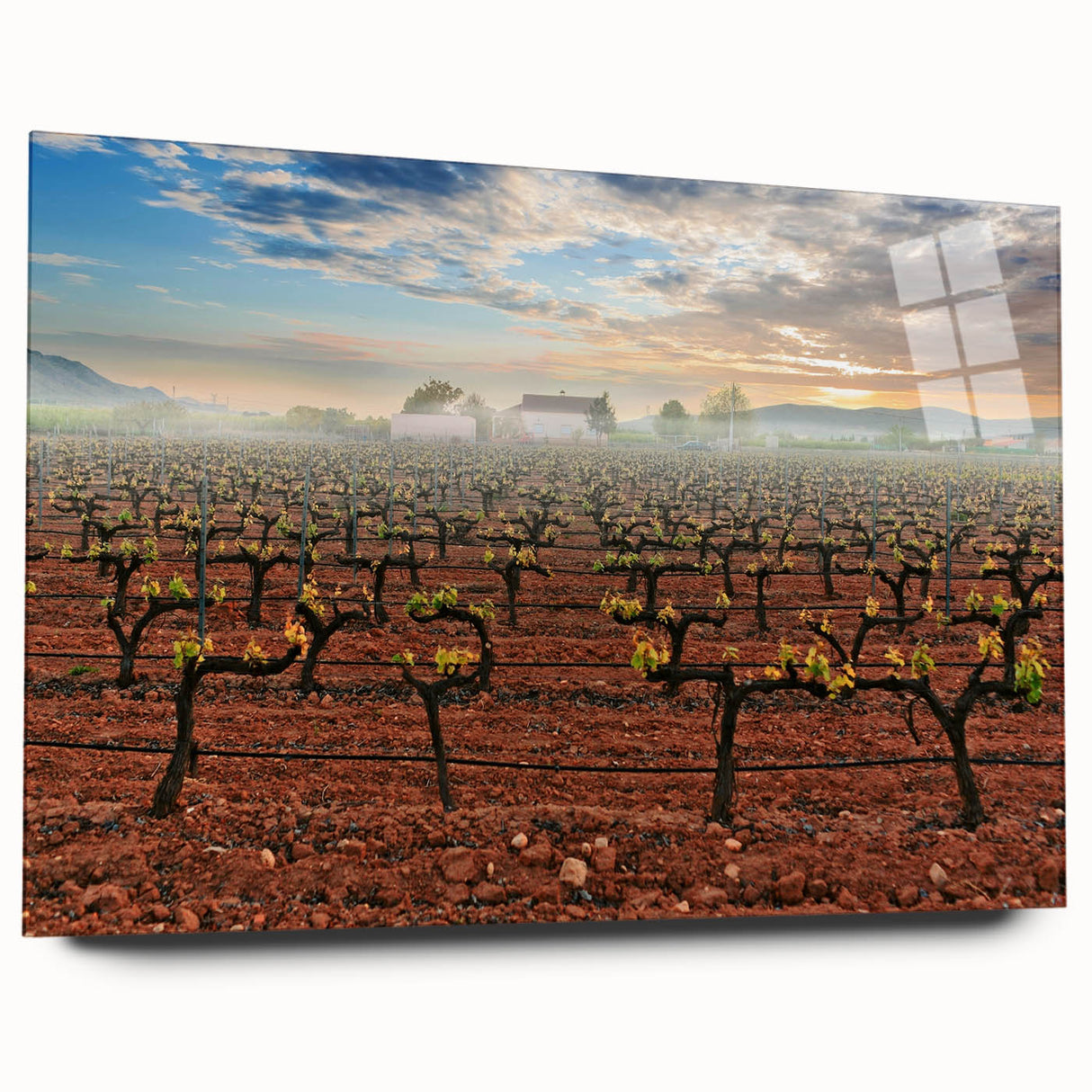 Large abstract wall art of Valencia scenery in muted earth tones on acrylic glass, ideal for bedroom or dining room decor.